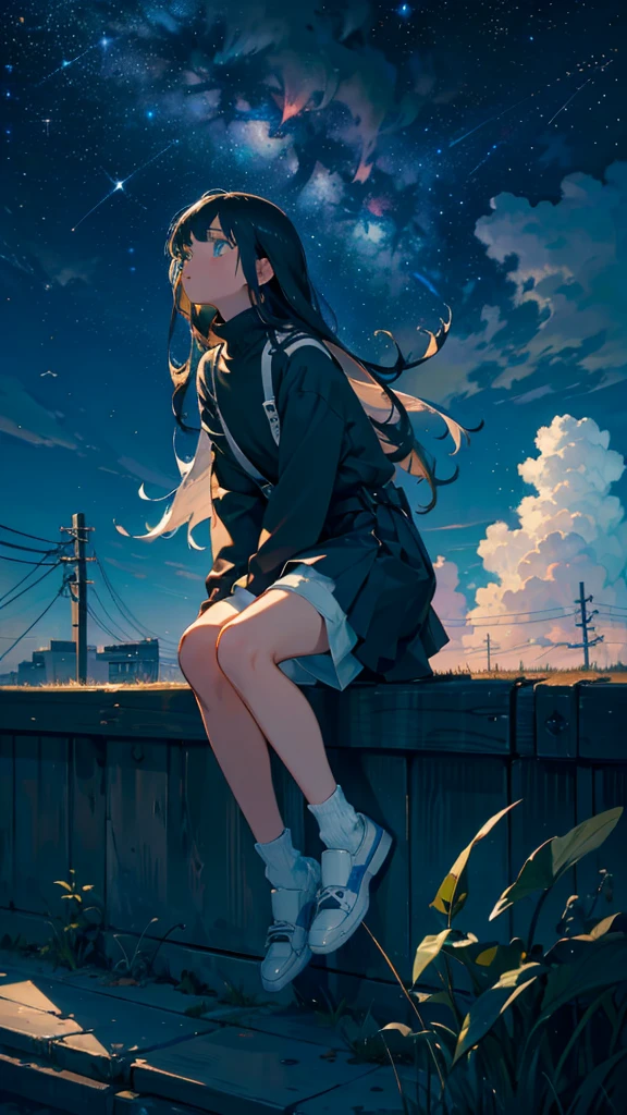 masterpiece, Exquisite detail,Highest quality, One girl, alone, handrail, cloud, Looking up at the buildings,Long Hair, NULL, Long sleeve, Power lines, White footwear, Black Hair, View your viewers, Electric pole, bangs, cloudy NULL, fish, bird, Green Eyes, Shorts, Day, Black Shirt, barefoot,Whale flying in the sky,Giant whale,night,star,milky way,night,Pitch black,Buildings,Sitting