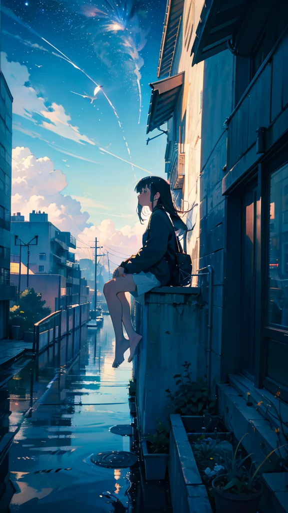 masterpiece, Exquisite detail,Highest quality, One girl, alone, handrail, cloud, Looking up at the buildings,Long Hair, NULL, Long sleeve, Power lines, White footwear, Black Hair, View your viewers, Electric pole, bangs, cloudy NULL, fish, bird, Green Eyes, Shorts, Day, Black Shirt, barefoot,Whale flying in the sky,Giant whale,night,star,milky way,night,Pitch black,Buildings,Sitting