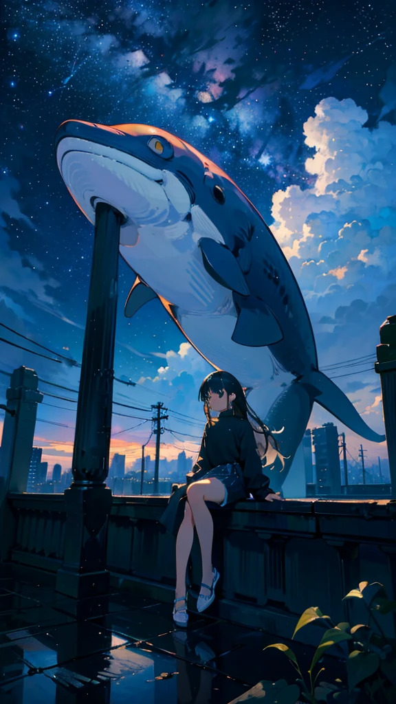 masterpiece, Exquisite detail,Highest quality, One girl, alone, handrail, cloud, Looking up at the buildings,Long Hair, NULL, Long sleeve, Power lines, White footwear, Black Hair, View your viewers, Electric pole, bangs, cloudy NULL, fish, bird, Green Eyes, Shorts, Day, Black Shirt, barefoot,Whale flying in the sky,Giant whale,night,star,milky way,night,Pitch black,Buildings,Sitting