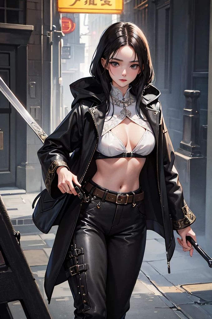 20-year-old women, Medieval thief, Leather clothing, Long trousers, boots, Hooded long coat,,Short black hair、 Sword on belt, sexy, Medium Chest, , Very detailedな, Vibrant appearance, Creative Action, Very detailedな, Imaginative, Sensual, Voluntary, Highest quality, Skin Texture, Intricate details, (Cinema Lighting), RAW Photos, 8K, masterpiece,Highest quality,Very detailedな,Very detailedなイラスト,Very detailed,Intricate details,High resolution,非常にIntricate details,Very detailed 8K cg wallpaper,