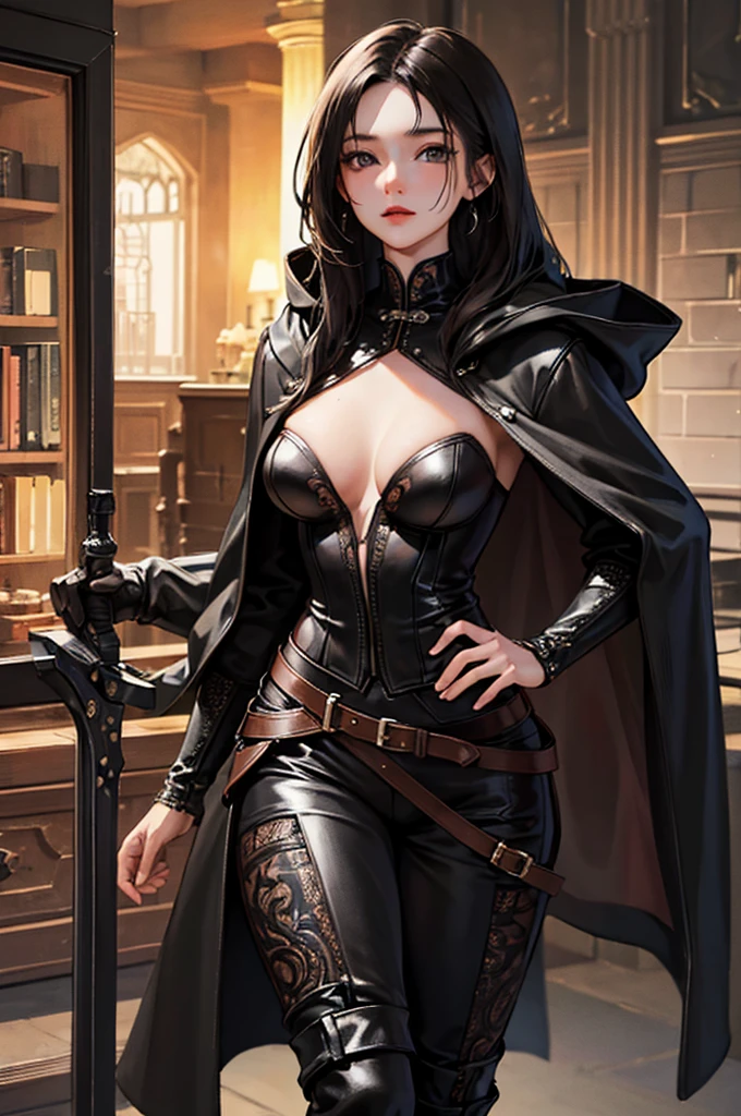 20-year-old women, Medieval thief, Leather clothing, Long trousers, boots, Hooded long coat,,Short black hair、 Sword on belt, sexy, Medium Chest, , Very detailedな, Vibrant appearance, Creative Action, Very detailedな, Imaginative, Sensual, Voluntary, Highest quality, Skin Texture, Intricate details, (Cinema Lighting), RAW Photos, 8K, masterpiece,Highest quality,Very detailedな,Very detailedなイラスト,Very detailed,Intricate details,High resolution,非常にIntricate details,Very detailed 8K cg wallpaper,