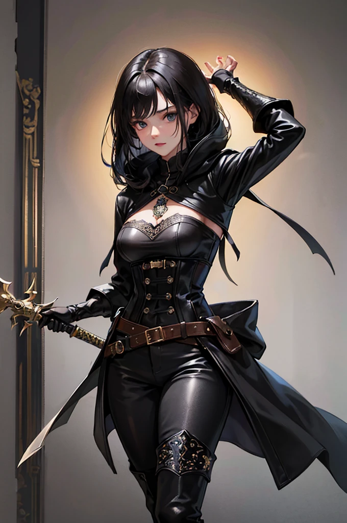 20-year-old women, Medieval thief, Leather clothing, Long trousers, boots, Hooded long coat,,Short black hair、 Sword on belt, sexy, Medium Chest, , Very detailedな, Vibrant appearance, Creative Action, Very detailedな, Imaginative, Sensual, Voluntary, Highest quality, Skin Texture, Intricate details, (Cinema Lighting), RAW Photos, 8K, masterpiece,Highest quality,Very detailedな,Very detailedなイラスト,Very detailed,Intricate details,High resolution,非常にIntricate details,Very detailed 8K cg wallpaper,
