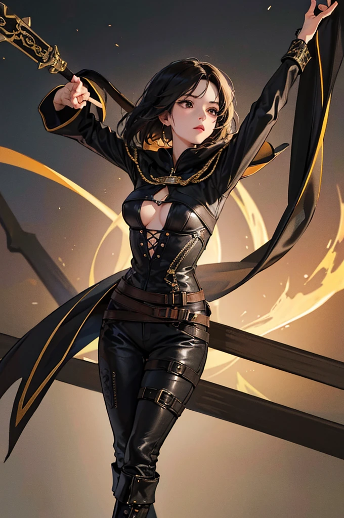 20-year-old women, Medieval thief, Leather clothing, Long trousers, boots, Hooded long coat,,Short black hair、 Sword on belt, sexy, Medium Chest, , Very detailedな, Vibrant appearance, Creative Action, Very detailedな, Imaginative, Sensual, Voluntary, Highest quality, Skin Texture, Intricate details, (Cinema Lighting), RAW Photos, 8K, masterpiece,Highest quality,Very detailedな,Very detailedなイラスト,Very detailed,Intricate details,High resolution,非常にIntricate details,Very detailed 8K cg wallpaper,