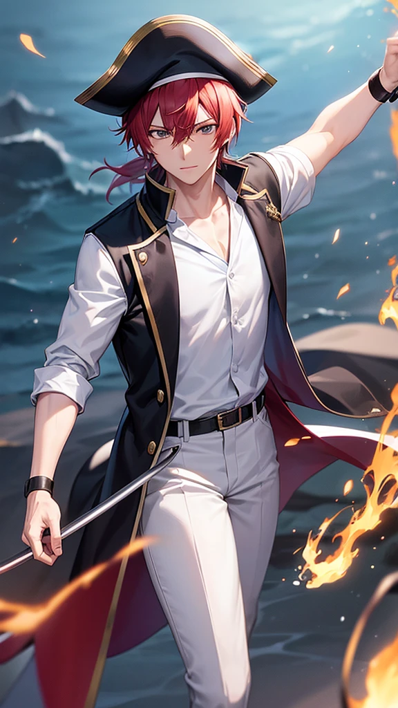 a dashing male anime character with a thin face, handsome, charismatic "shanks" in the "one pice" series wearing a white shirt, short trousers, with a straw hat. as well as three claw scars on the left eye, and holding a pirate katana, and a black robe, red hair, gray shorts reaching down to his knees, with HD resolution, 8k anime with water light effect background, and a burning pirate ship.