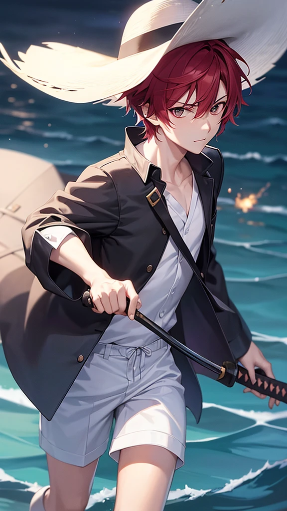 a dashing male anime character with a thin face, handsome, charismatic "shanks" in the "one pice" series wearing a white shirt, short trousers, with a straw hat. as well as three claw scars on the left eye, and holding a pirate katana, and a black robe, red hair, gray shorts reaching down to his knees, with HD resolution, 8k anime with water light effect background, and a burning pirate ship.