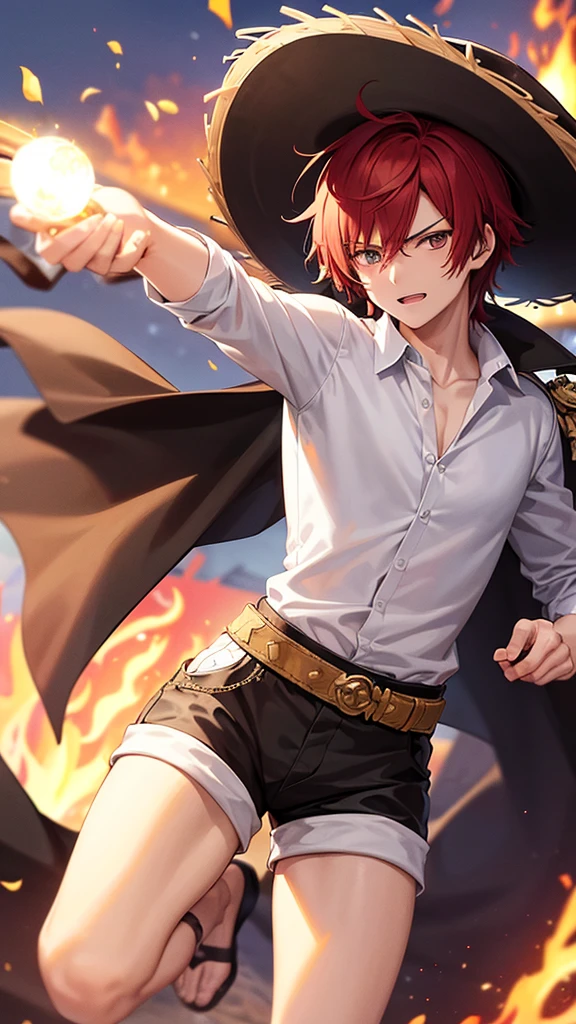 a dashing male anime character with a thin face, handsome, charismatic "shanks" in the "one pice" series wearing a white shirt, short trousers, with a straw hat. as well as three claw scars on the left eye, and holding a pirate katana, and a black robe, red hair, gray shorts reaching down to his knees, with HD resolution, 8k anime with water light effect background, and a burning pirate ship.