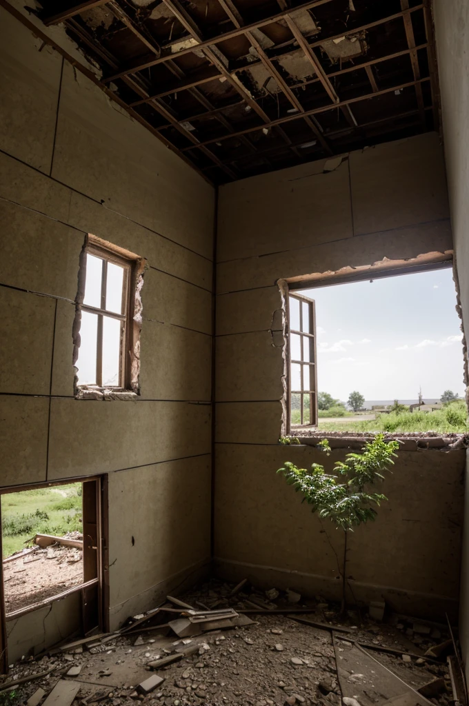 In an abandoned area is seen a large house that has not been inhabited for a long time. The roof of the house appears to have holes. There is also a small tree growing in the crack in the wall of the house.