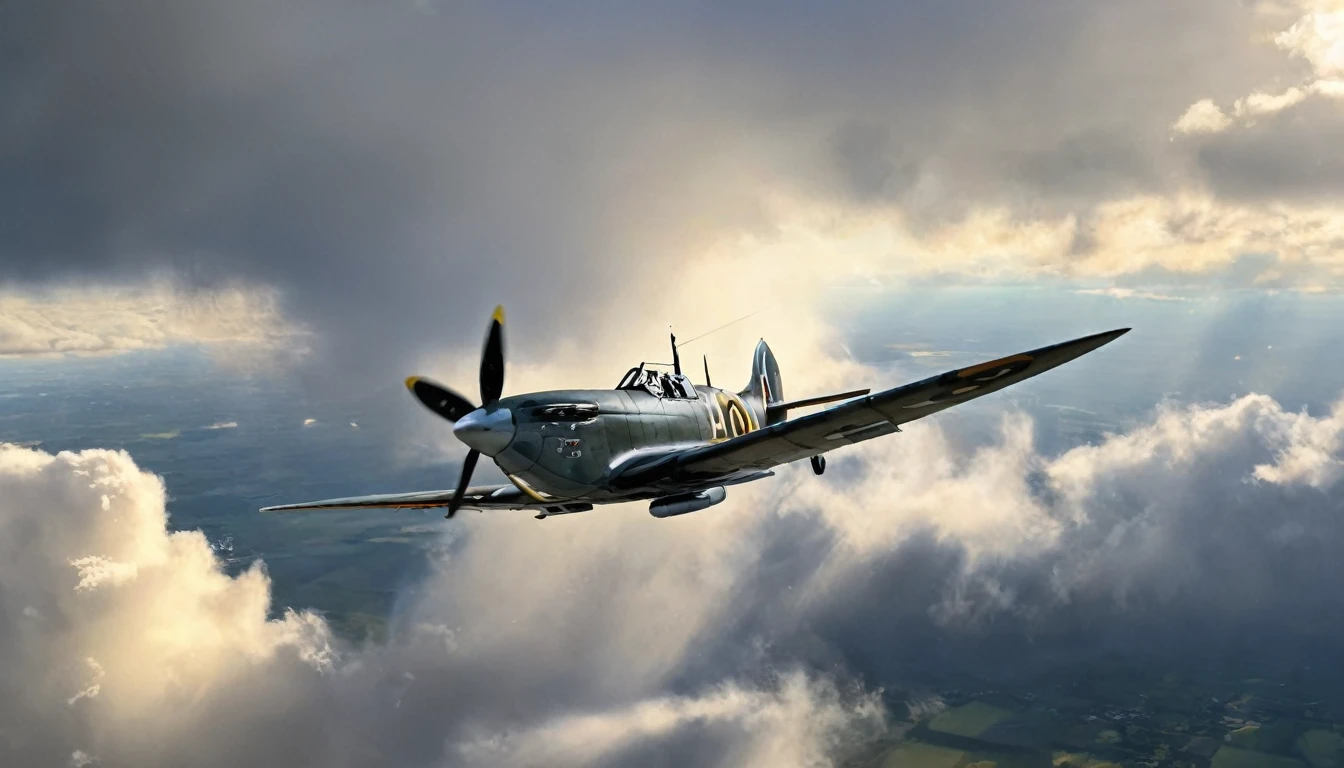 Create imaginative and amazing images demonstrating the style of a picture of a Spitfire plane, flying in the sky, cloudy skies background, an epic a Spitfire plane (best details, Masterpiece, best quality :1.5) birds view, sun rays, divine rays, sun rays reflecting on the clouds, sense of awe, majestic atmosphere, ultra best realistic, best details, best quality, 16k, [ultra detailed], masterpiece, best quality, (extremely detailed), ultra wide shot, photorealism, depth of field, hyper realistic painting, Waiting to start), hyper realistic, 8k, vibrant colors, sharp crisp image