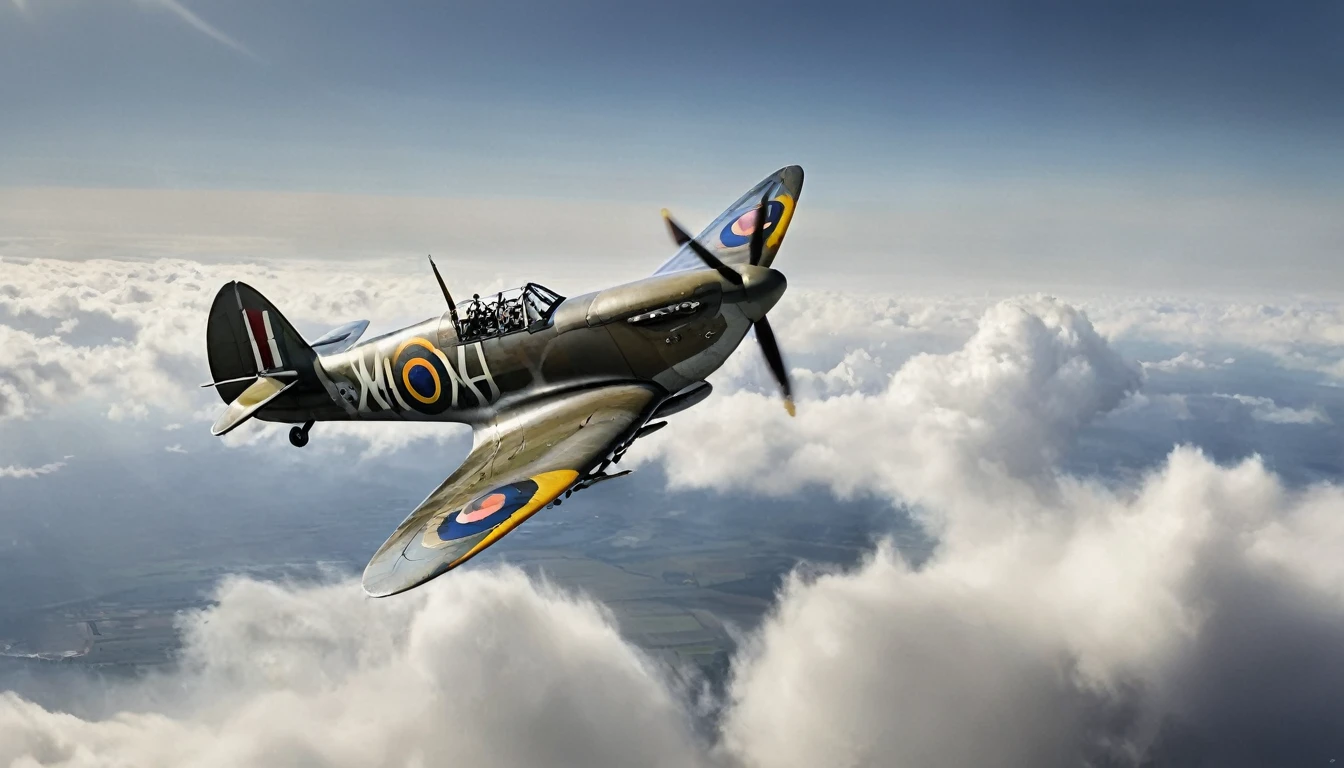 Create imaginative and amazing images demonstrating the style of a picture of a Spitfire plane, flying in the sky, cloudy skies background, an epic a Spitfire plane (best details, Masterpiece, best quality :1.5) birds view, sun rays, divine rays, sun rays reflecting on the clouds, sense of awe, majestic atmosphere, ultra best realistic, best details, best quality, 16k, [ultra detailed], masterpiece, best quality, (extremely detailed), ultra wide shot, photorealism, depth of field, hyper realistic painting, Waiting to start), hyper realistic, 8k, vibrant colors, sharp crisp image