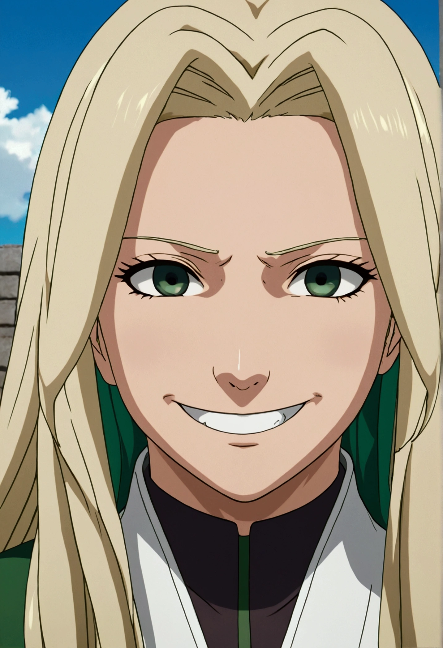 POV of Tsunade Senju smiling while holding face POV, detailed, without jacket, anime,