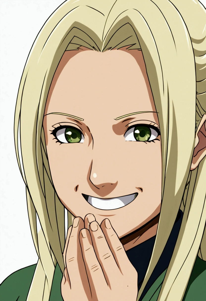 POV of Tsunade Senju smiling while holding face POV, detailed, without jacket, anime,