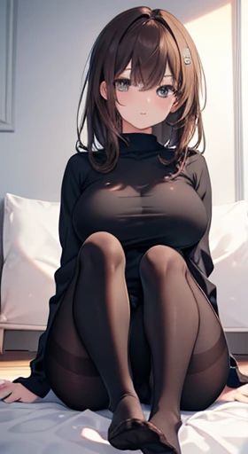 Highest quality, masterpiece, High resolution, (Head to toe), Front and slightly lower view, Symmetrical Configuration, Precisely balanced composition across the body、18-year-old, Slim and beautiful girl, alone, (Large Breasts), (No shoes),length, Unkempt brown hair, bangs, (black tights), (Black Pantyhose), (Sit on the floor with your legs open), (Spread-legged pose on bed), Both arms are tied behind one arm&#39;return, (Composition depicting white panties), (Her legs were spread、I see your white pants.), (Mouth open and painful expression), blush, Shy big eyes, Looking into the camera, Blazer Uniform, Checkered Pleated Skirt