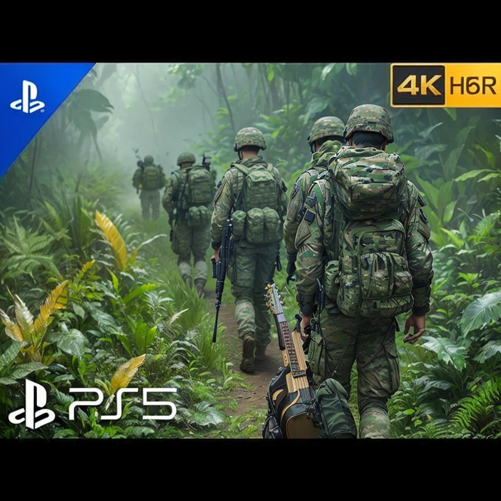 a group of soldiers walking through a jungle with a guitar, ps5 cinematic screen capture, 8k render”, ps 5 gameplay, ps 4 in - game cinematic, 8k resolution”, ps5 render quality, ps5 game, extremely detailed 8 k, 4 k'', 4k], 4 k ], on ps5, 4k post, 4 k post