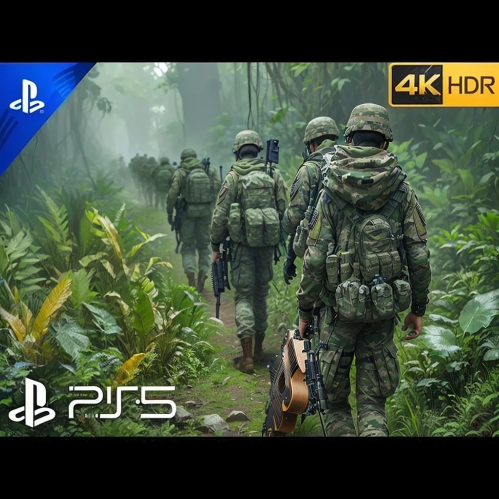 a group of soldiers walking through a jungle with a guitar, ps5 cinematic screen capture, 8k render”, ps 5 gameplay, ps 4 in - game cinematic, 8k resolution”, ps5 render quality, ps5 game, extremely detailed 8 k, 4 k'', 4k], 4 k ], on ps5, 4k post, 4 k post