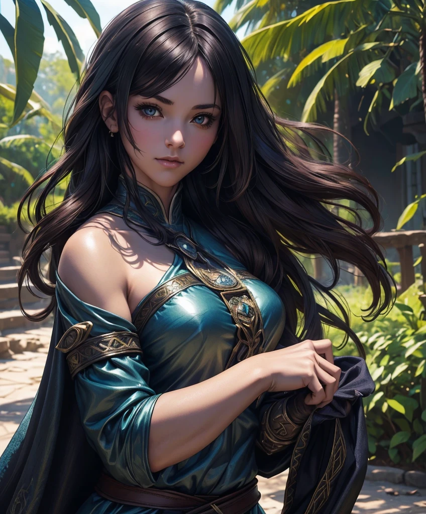 (((Single character image.))) (((1girl))) (((Dressed in medieval fantasy attire.))) (((Solo))) (((Generate a darkly sexy female character for a fantasy setting.))) (((Appears to be 20 years old with youthful looks.)))Generate a female character in a fantasy tropical setting.  She dresses in swashbuckler fashion, looks dangerous and sexy and seems like an ideal fantasy character.  best quality:1.0,hyperealistic:1.0,photorealistic:1.0,madly detailed CG unity 8k wallpaper:1.0,masterpiece:1.3,madly detailed photo:1.2, hyper-realistic lifelike texture:1.4, picture-perfect:1.0,8k, HQ,best quality:1.0, 