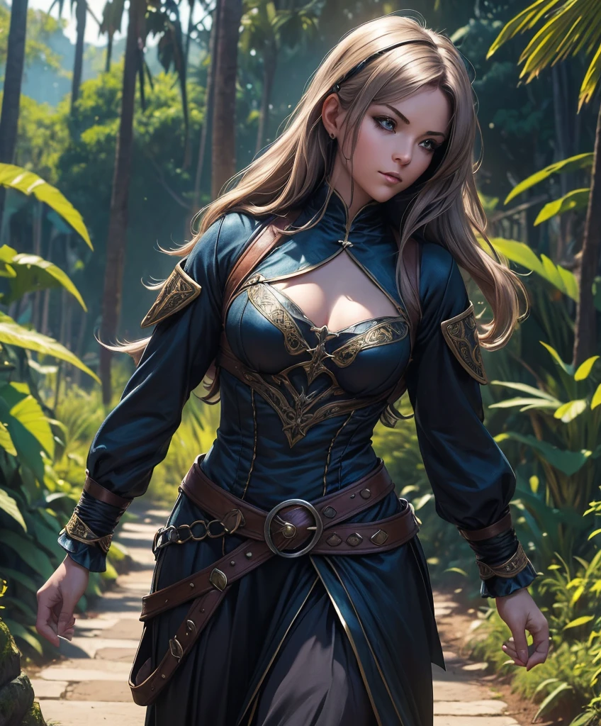 (((Single character image.))) (((1girl))) (((Dressed in medieval fantasy attire.))) (((Solo))) (((Generate a darkly sexy female character for a fantasy setting.))) (((Appears to be 20 years old with youthful looks.)))Generate a female character in a fantasy tropical setting.  She dresses in swashbuckler fashion, looks dangerous and sexy and seems like an ideal fantasy character.  best quality:1.0,hyperealistic:1.0,photorealistic:1.0,madly detailed CG unity 8k wallpaper:1.0,masterpiece:1.3,madly detailed photo:1.2, hyper-realistic lifelike texture:1.4, picture-perfect:1.0,8k, HQ,best quality:1.0, 