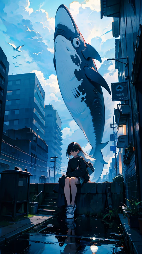 masterpiece, Exquisite detail,Highest quality, One girl, alone, handrail, cloud, Looking up at the buildings,Long Hair, NULL, Long sleeve, Power lines, White footwear, Black Hair, View your viewers, Electric pole, bangs, cloudy NULL, fish, bird, Green Eyes, Shorts, Day, Black Shirt, barefoot,Whale flying in the sky,Giant whale,night,star,milky way,night,Pitch black,Buildings,Sitting