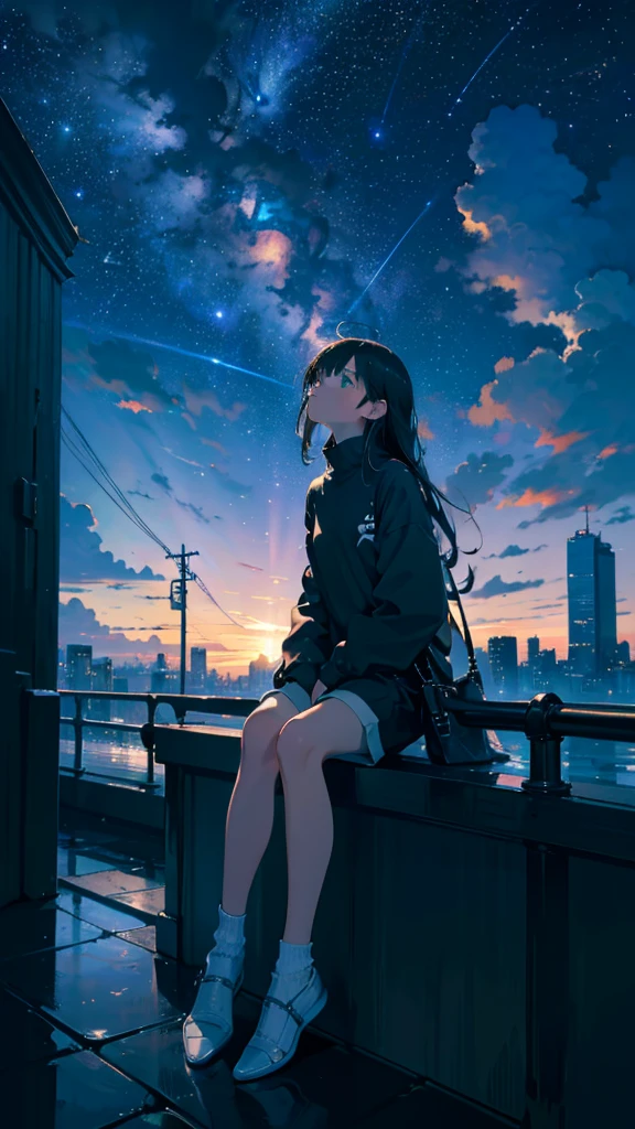 masterpiece, Exquisite detail,Highest quality, One girl, alone, handrail, cloud, Looking up at the buildings,Long Hair, NULL, Long sleeve, Power lines, White footwear, Black Hair, View your viewers, Electric pole, bangs, cloudy NULL, fish, bird, Green Eyes, Shorts, Day, Black Shirt, barefoot,Whale flying in the sky,Giant whale,night,star,milky way,night,Pitch black,Buildings,Sitting