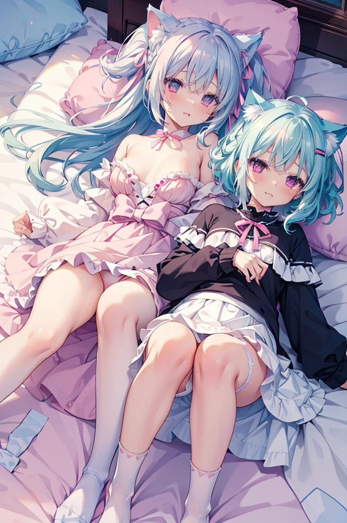 nsfw,Two Girls,Lying down,((Lift both legs yourself)),panties,Have sex,Light blue hair,Light pink hairstyles,Cat ear,Pink Eyes,light blue ta,White socks,,Pink ribbon,Laughing with your mouth open,Best image quality,Highest quality