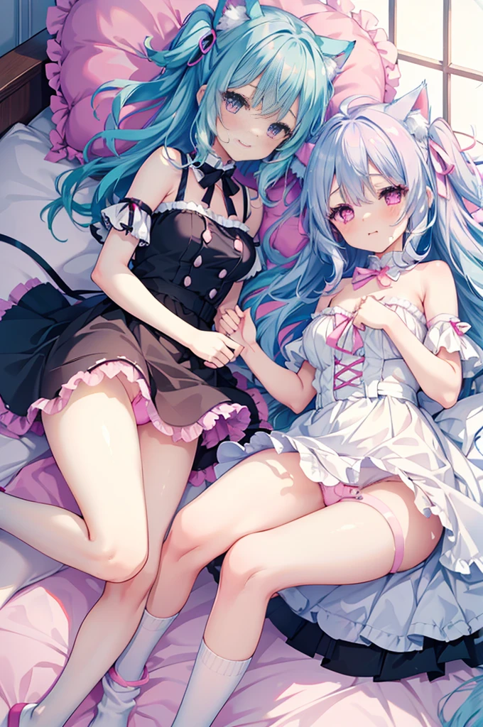 nsfw,Two Girls,Lying down,((Lift both legs yourself)),panties,Have sex,Light blue hair,Light pink hairstyles,Cat ear,Pink Eyes,light blue ta,White socks,,Pink ribbon,Laughing with your mouth open,Best image quality,Highest quality