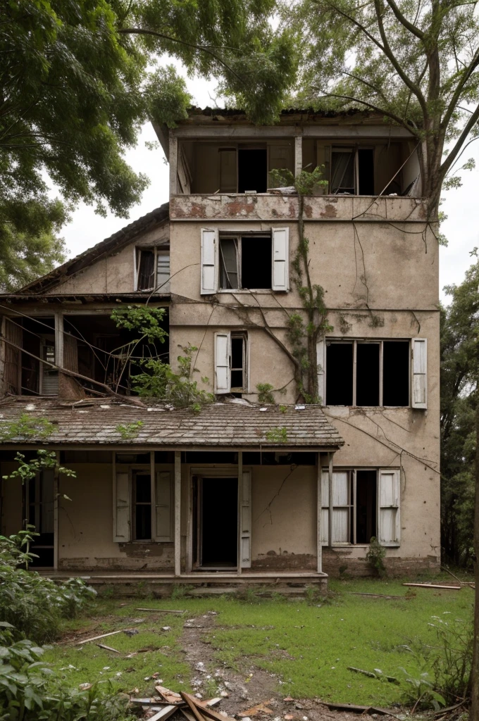 In an abandoned area is seen a large house that has not been inhabited for a long time. The roof of the house appears to have holes. There is also a small tree growing in the crack in the wall of the house.