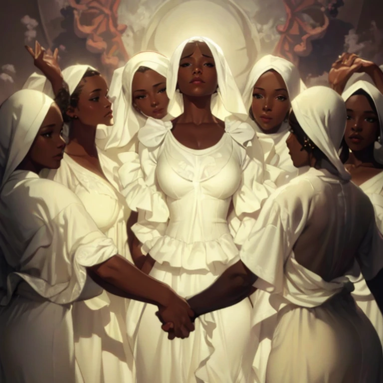 there are many women in white dresses together in a circle, by Thomas Blackshear, wearing white cloths, Beautiful representation, inspired by Anna Mary Robertson Moses, inspired by Thomas Blackshear, Afrocentric mysticism, painting of white human figures, flowing white robes, femininity”, Direction : Charles Alston, by Willian Murai, unknown artist, inspirational art, 8k