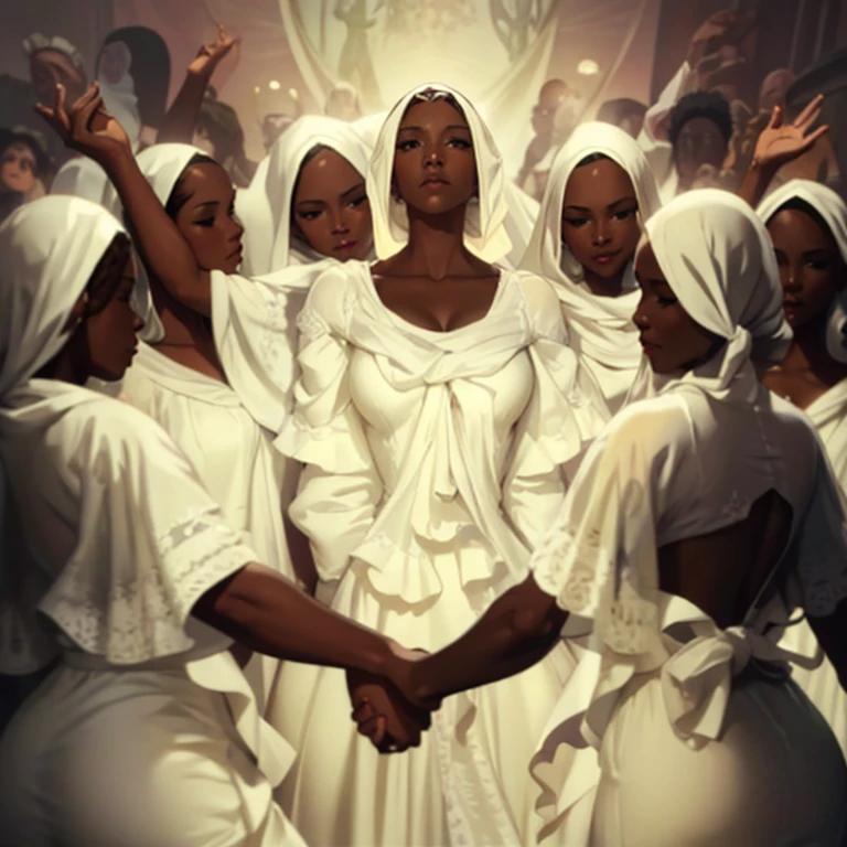there are many women in white dresses together in a circle, by Thomas Blackshear, wearing white cloths, Beautiful representation, inspired by Anna Mary Robertson Moses, inspired by Thomas Blackshear, Afrocentric mysticism, painting of white human figures, flowing white robes, femininity”, Direction : Charles Alston, by Willian Murai, unknown artist, inspirational art, 8k