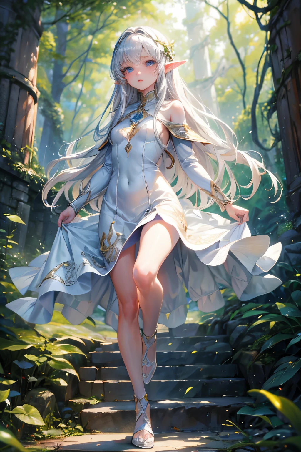 masterpiece,Highest quality,Very detailed,Running Elf Girl,Luxurious white dress, ager,Long straight silver hair,Beautiful and detailed eyes,skinny,Small breasts, full body,Dynamic,Forest Lakeside
