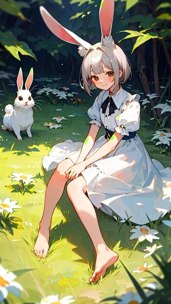 ((masterpiece,Highest quality)),One girl, alone, animal ears, Rabbit, barefoot, Raise your knees, dress, Sitting, Rabbit ears, Short sleeve, View your viewers, Grass, short hair, smile, Gray Hair, Puffy sleeves, Outdoor, puffy Short sleeve, bangs, On the ground, whole body, animal, white dress, Day光, Brown eyes, dappled Day光, Day, Depth of written boundary