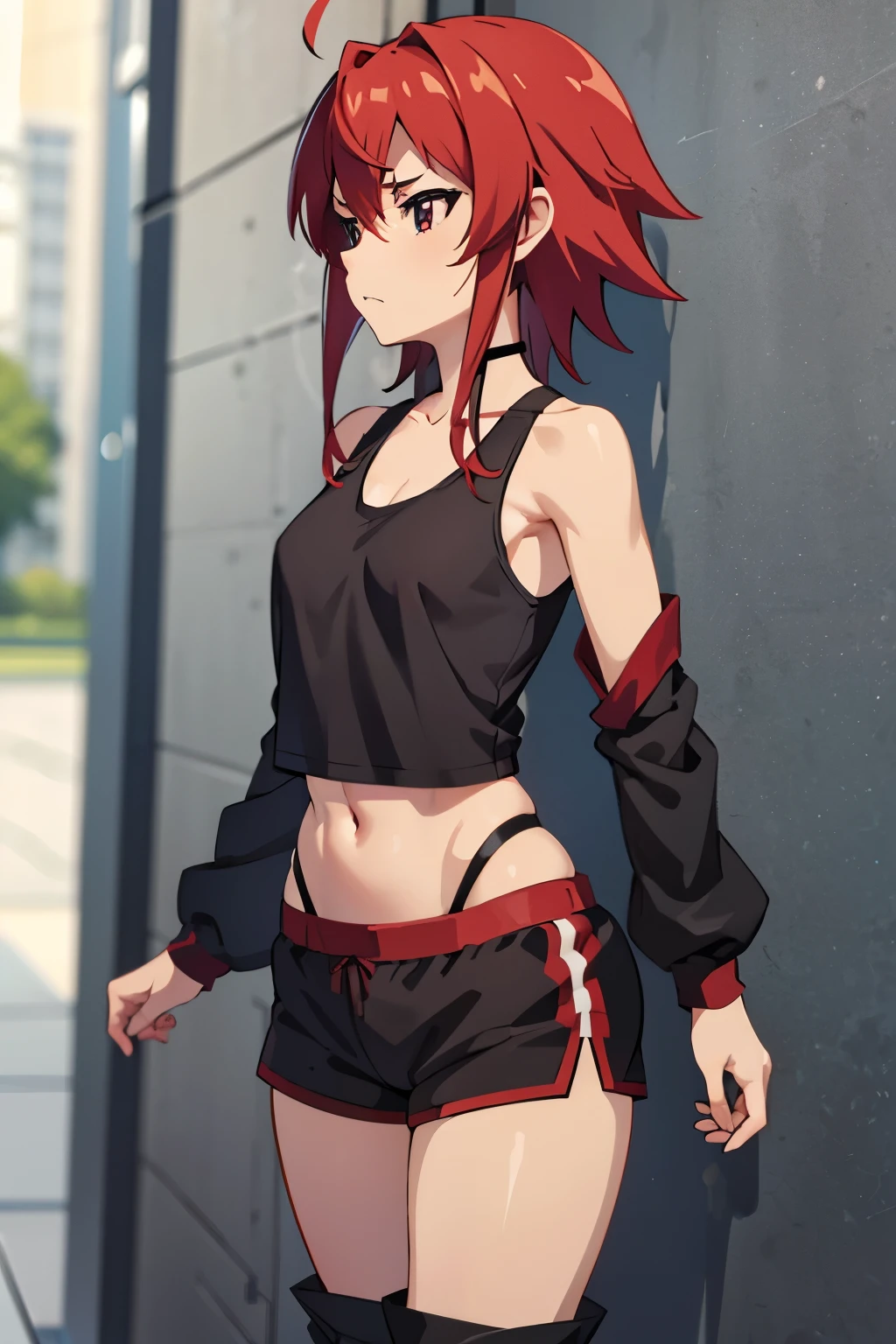 Anime Short red hair Boyish Small breasts Black tank top Navel-baring abs Girl Red long sleeves and pants
