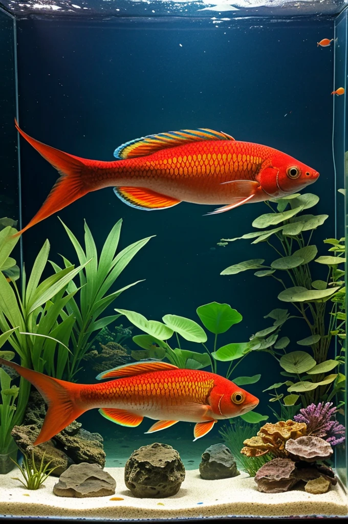 5 feet long, 2 feet width, 2.5 feet height fish tank with 1 redtail catfish, 5 datnoid fish, 5 blood parrot cichlid