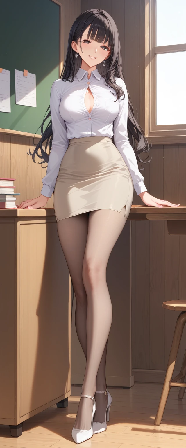 nsfw, (mature female, full body shot, slim body, beautiful eyes, rounded eyes, gently smile, standing at table:1.2), (teacher, White button down blouse, tight fit, beige pencil skirt, beige Pantyhose, white high heels), straight long hair, black Hair, (small-medium breast:1.3), Wooden wall background