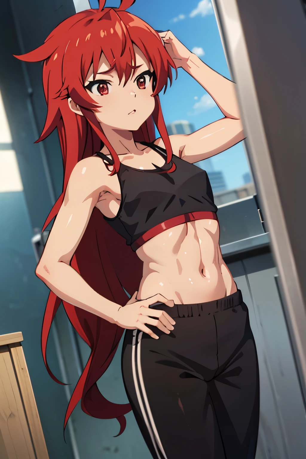 Anime Short red hair Boyish Small breasts Black tank top Navel-baring abs Girl Red long sleeves and pants
