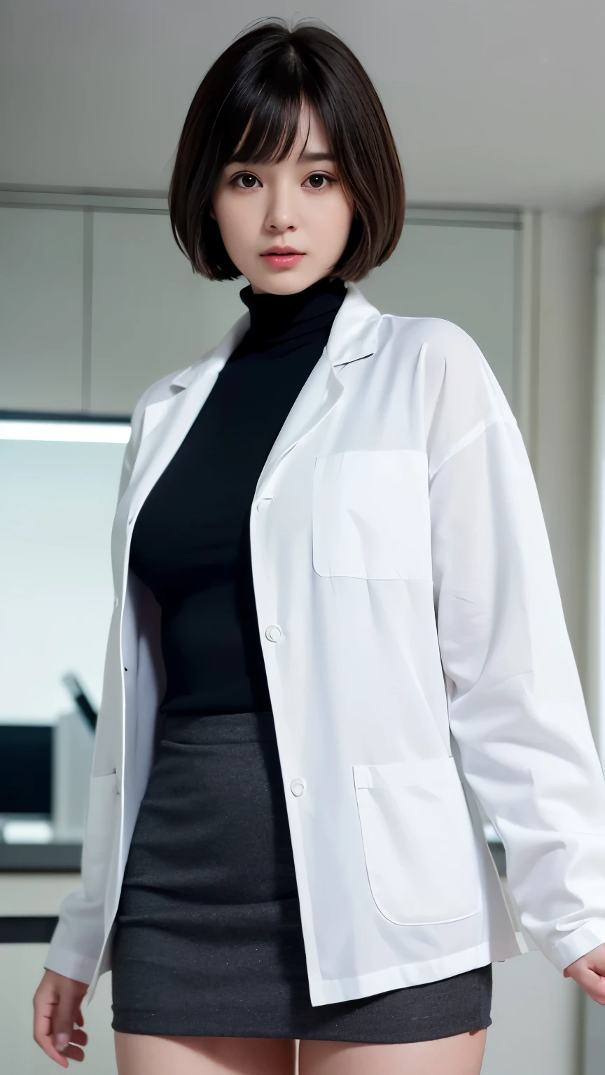 Beautiful woman、short hair with bangs raised、big breasts、((Women Scientist))、(PhD)、((Long lab coat))、(turtleneck sweater)、(black mini skirt)、(Research room、laboratory、graduate School)、glass tube、flask、((delicate pictures))，(Detailed RAW photos of girls), (muste piece:1.25), (best quality:1.6), (ultra high resolution:1.5), (It&#39;s photorealistic:1.75), 8K resolution,:1.6),  Canon EOS R5, 50mm, disorganized, Super detailed,cinematic lighting、((skirt lift))、sexy panties