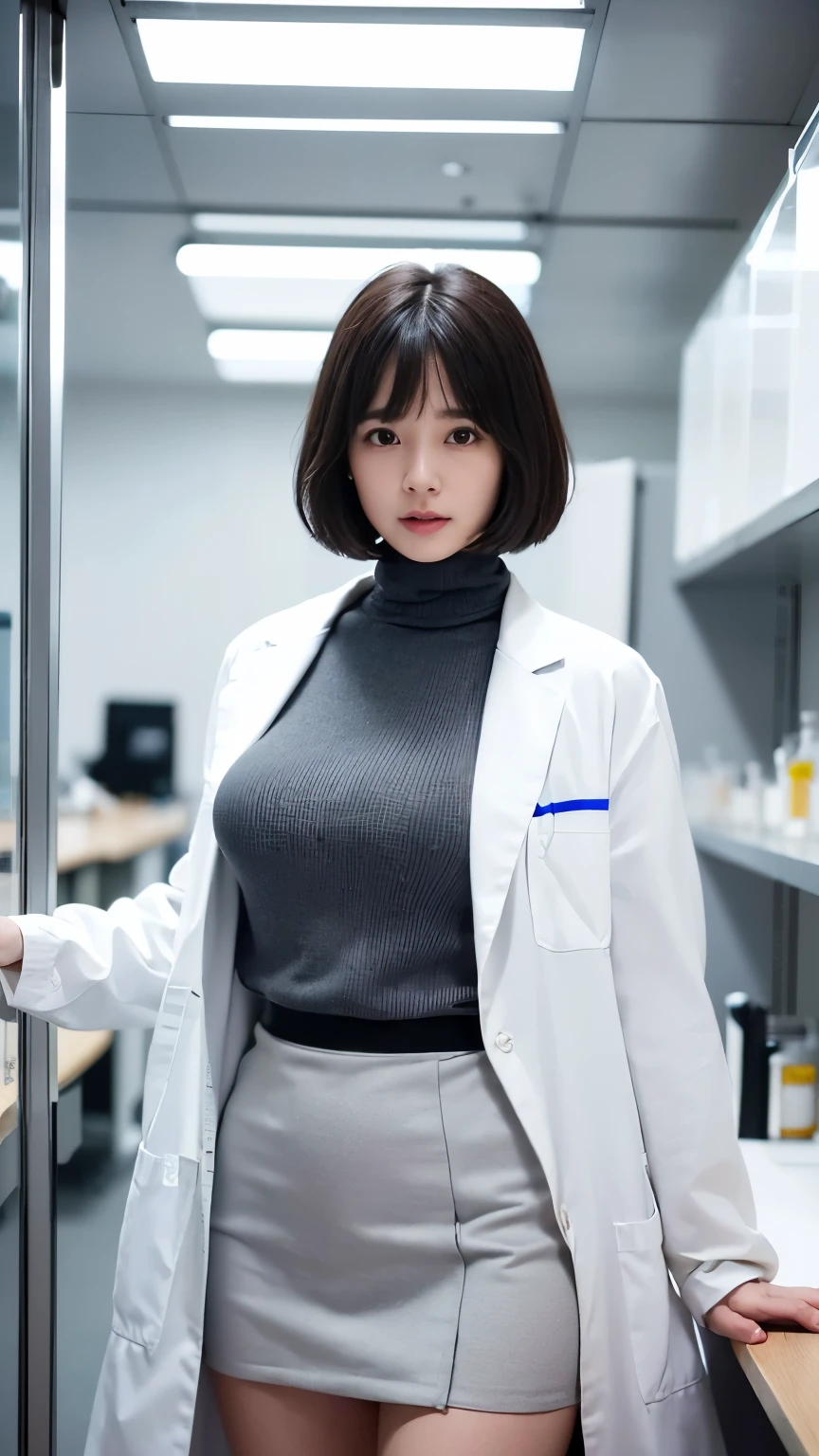Beautiful woman、short hair with bangs raised、big breasts、((Women Scientist))、(PhD)、((Long lab coat))、(turtleneck sweater)、(black mini skirt)、(Research room、laboratory、graduate School)、glass tube、flask、((delicate pictures)),(Detailed RAW photos of girls), (muste piece:1.25), (best quality:1.6), (ultra high resolution:1.5), (It's photorealistic:1.75), 8K resolution,:1.6), Canon EOS R5, 50mm, disorganized, Super detailed,cinematic lighting、((skirt lift))、sexy panties