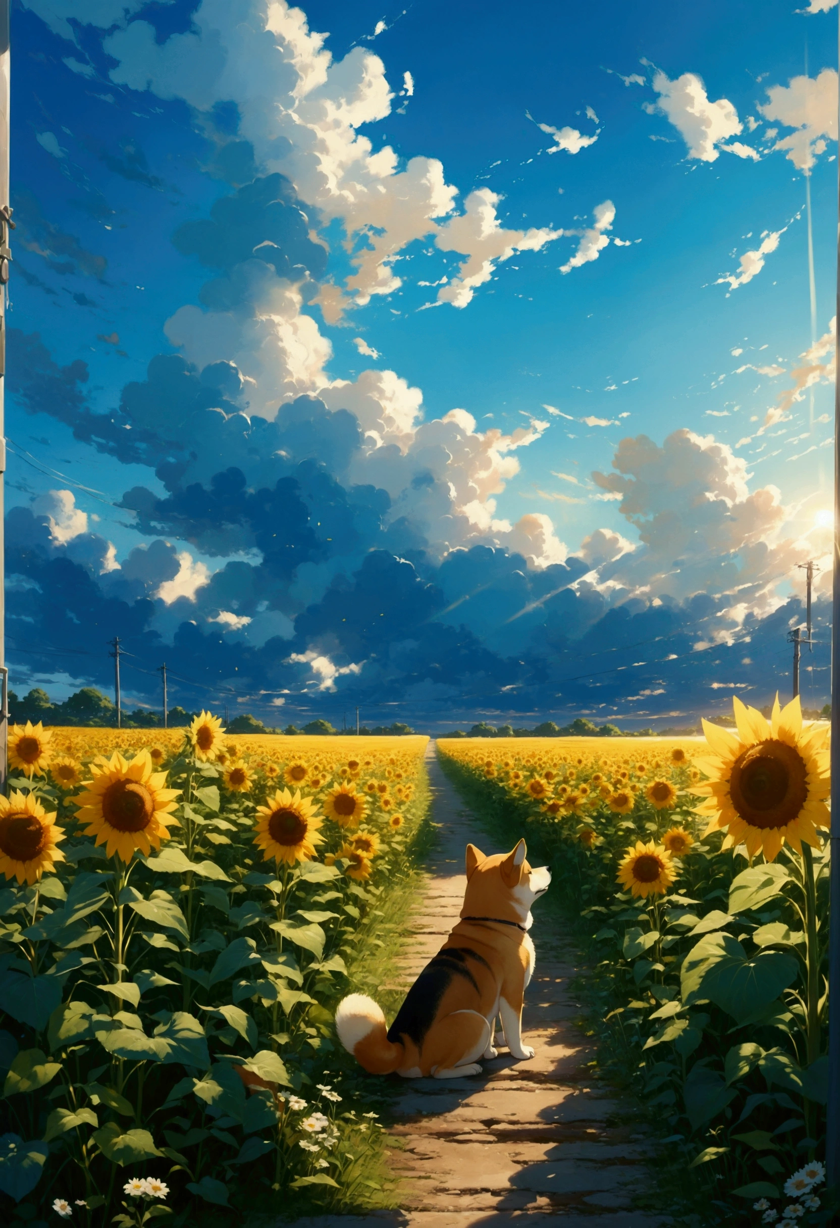 Makoto Shinkai Taste, Beautiful sky, Shiba Inu Puppy, ,Romantic Landscape, Healing scenes, Light pours in,hope, Summer Morning,sunflower, Makoto Shinkai Taste,Detailed Description, 