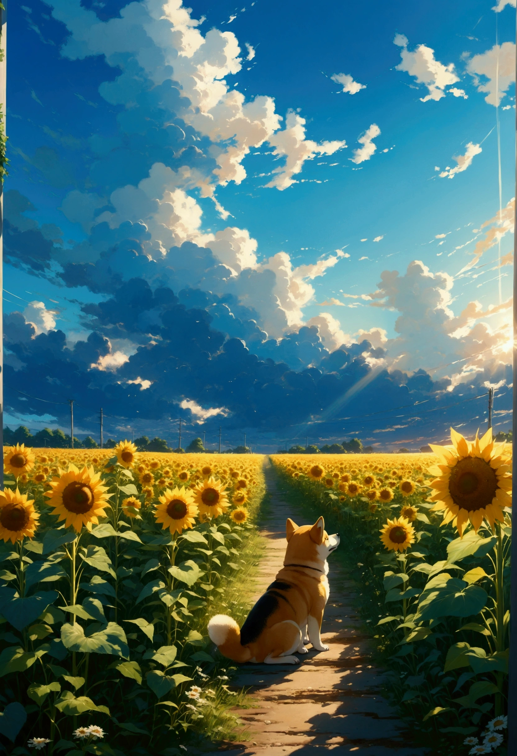 Makoto Shinkai Taste, Beautiful sky, Shiba Inu Puppy, ,Romantic Landscape, Healing scenes, Light pours in,hope, Summer Morning,sunflower, Makoto Shinkai Taste,Detailed Description,