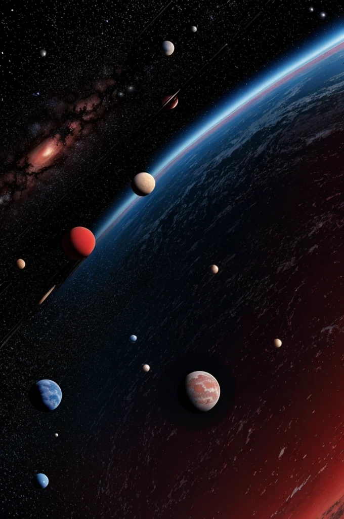 Universe with planets with red black and white and blue color palettes