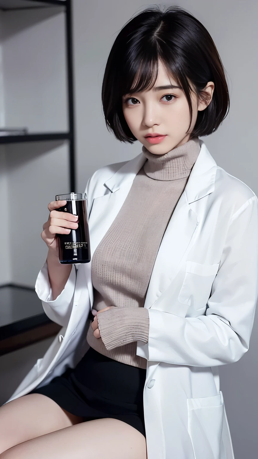Beautiful woman、short hair with bangs raised、big breasts、((Women Scientist))、(PhD)、((Long lab coat))、(turtleneck sweater)、(black mini skirt)、(Research room、laboratory、graduate School)、glass tube、flask、((delicate pictures))，(Detailed RAW photos of girls), (muste piece:1.25), (best quality:1.6), (ultra high resolution:1.5), (It&#39;s photorealistic:1.75), 8K resolution,:1.6),  Canon EOS R5, 50mm, disorganized, Super detailed,cinematic lighting、((skirt lift))、sexy panties