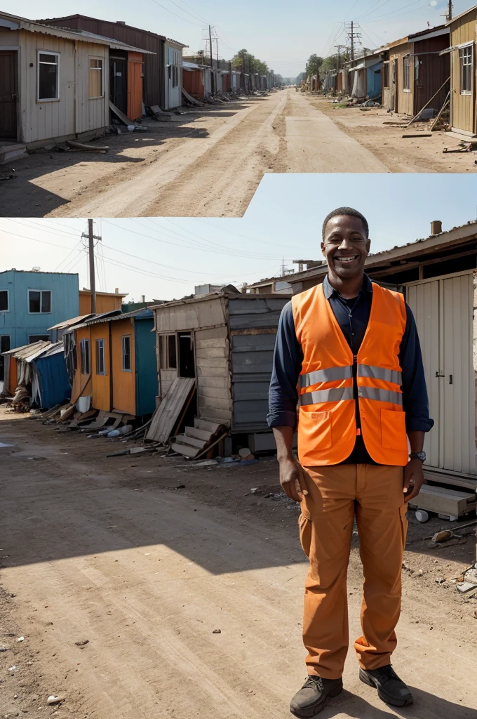 ChatGPT
"Write a descriptive caption for an image featuring a man in an orange safety vest standing in front of a 'before' scene of a shantytown and an 'after' scene of a modern neighborhood with new houses. The man is smiling, and the contrast between the two scenes highlights a significant transformation."