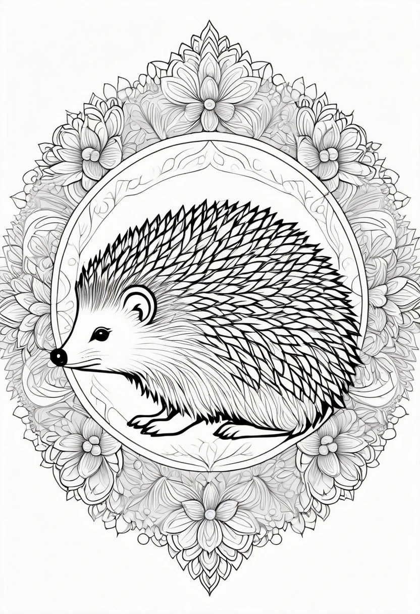 A striking black and white line art coloring page designed for adults with white background, featuring a majestic hedgehog in a mandala-inspired style. The hedgehog is adorned with intricate patterns that include floral and geometric designs, making it an engaging and detailed work of art. The illustration focuses on crisp, clean lines and bold outlines, without any shading or color, allowing the user to bring their own vibrancy to the piece. The minimalistic design, with its thick lines and absence of background details, creates a soothing coloring experience for adults seeking calming and creative activities. illustration