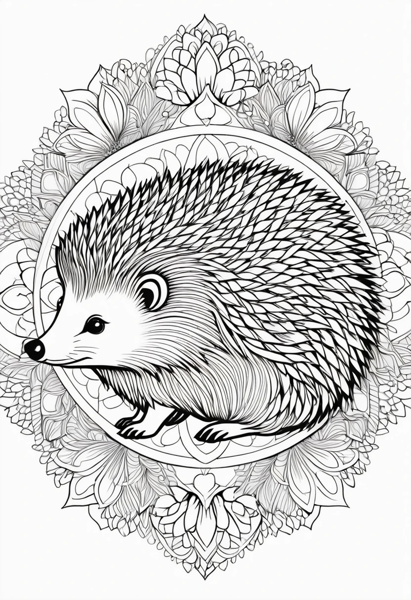 A striking black and white line art coloring page designed for adults with white background, featuring a majestic hedgehog in a mandala-inspired style. The hedgehog is adorned with intricate patterns that include floral and geometric designs, making it an engaging and detailed work of art. The illustration focuses on crisp, clean lines and bold outlines, without any shading or color, allowing the user to bring their own vibrancy to the piece. The minimalistic design, with its thick lines and absence of background details, creates a soothing coloring experience for adults seeking calming and creative activities. illustration