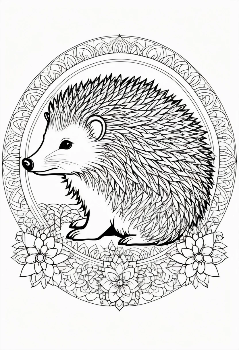 A striking black and white line art coloring page designed for adults with white background, featuring a majestic hedgehog in a mandala-inspired style. The hedgehog is adorned with intricate patterns that include floral and geometric designs, making it an engaging and detailed work of art. The illustration focuses on crisp, clean lines and bold outlines, without any shading or color, allowing the user to bring their own vibrancy to the piece. The minimalistic design, with its thick lines and absence of background details, creates a soothing coloring experience for adults seeking calming and creative activities. illustration