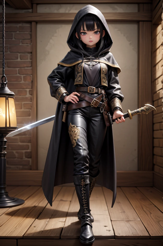 20-year-old women, Medieval thief, Leather clothing, Long trousers, boots, Hooded long coat,,Short black hair、 Sword on belt, sexy, Medium Chest, , Very detailedな, Vibrant appearance, Creative Action, Very detailedな, Imaginative, Sensual, Voluntary, Highest quality, Skin Texture, Intricate details, (Cinema Lighting), RAW Photos, 8K, masterpiece,Highest quality,Very detailedな,Very detailedなイラスト,Very detailed,Intricate details,High resolution,非常にIntricate details,Very detailed 8K cg wallpaper,