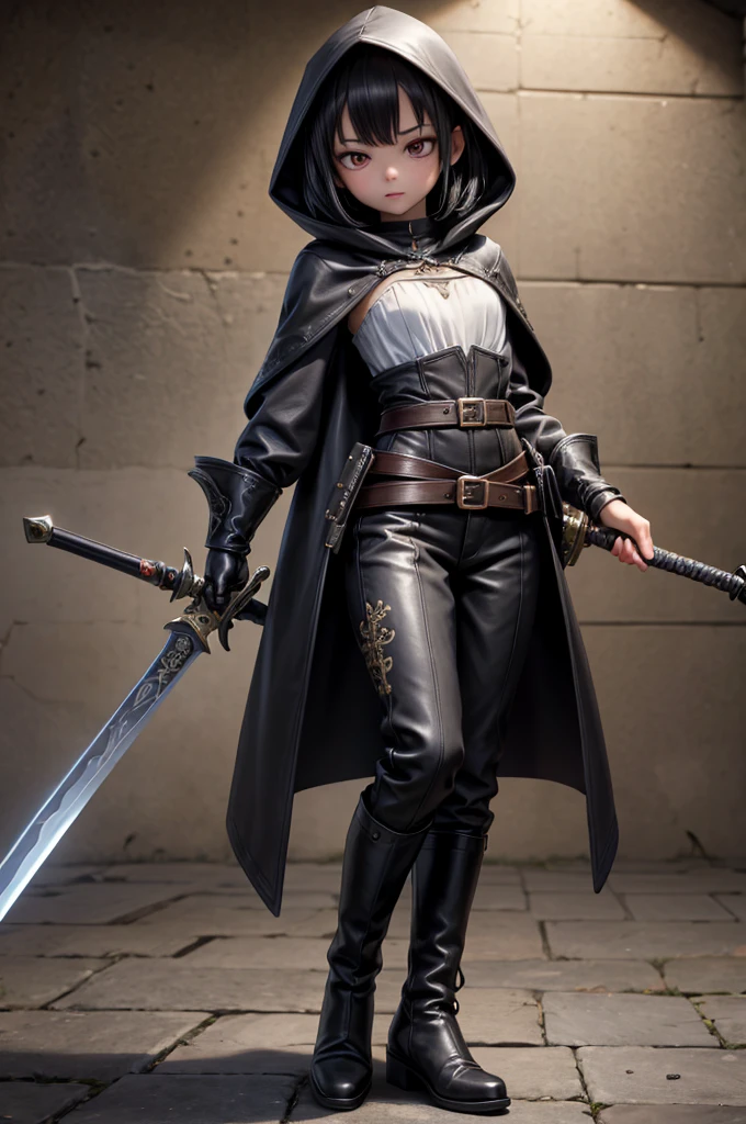 20-year-old women, Medieval thief, Leather clothing, Long trousers, boots, Hooded long coat,,Short black hair、 Sword on belt, sexy, Medium Chest, , Very detailedな, Vibrant appearance, Creative Action, Very detailedな, Imaginative, Sensual, Voluntary, Highest quality, Skin Texture, Intricate details, (Cinema Lighting), RAW Photos, 8K, masterpiece,Highest quality,Very detailedな,Very detailedなイラスト,Very detailed,Intricate details,High resolution,非常にIntricate details,Very detailed 8K cg wallpaper,