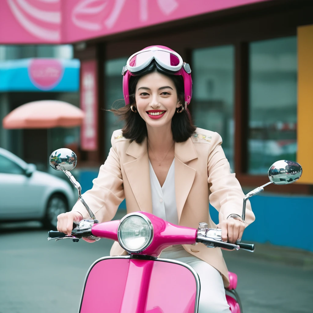 Close up portrait of a gorgeous young beautiful face Korean girls, retro-futuristic, still from the film, ((solo)), (Anne Hathaway look alike face: 0.9), wearing big goggles, driving a futuristic pink dragon scooter motor in a futuristic city, giggling, going fast, shiny futuristic fashion, vivid pastel colors, Leica SL3, Summicron-SL 75 f/2 ASPH, kodak gold 200 film, bare shoulder, dynamic action pose,