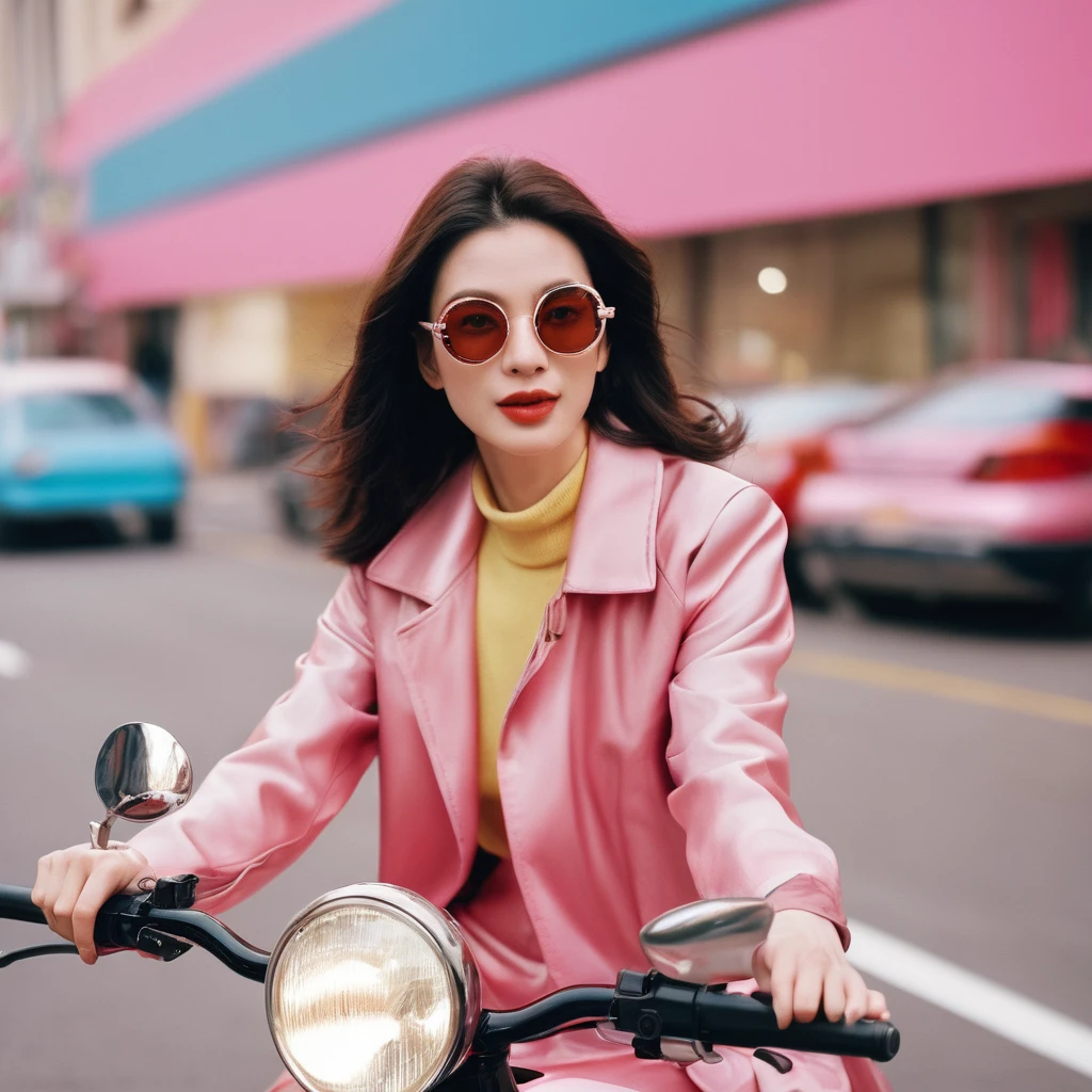 Close up portrait of a gorgeous young beautiful face Korean girls, retro-futuristic, still from the film, ((solo)), (Anne Hathaway look alike face: 0.9), wearing big goggles, driving a futuristic pink dragon scooter motor in a futuristic city, giggling, going fast, shiny futuristic fashion, vivid pastel colors, Leica SL3, Summicron-SL 75 f/2 ASPH, kodak gold 200 film, bare shoulder, dynamic action pose,