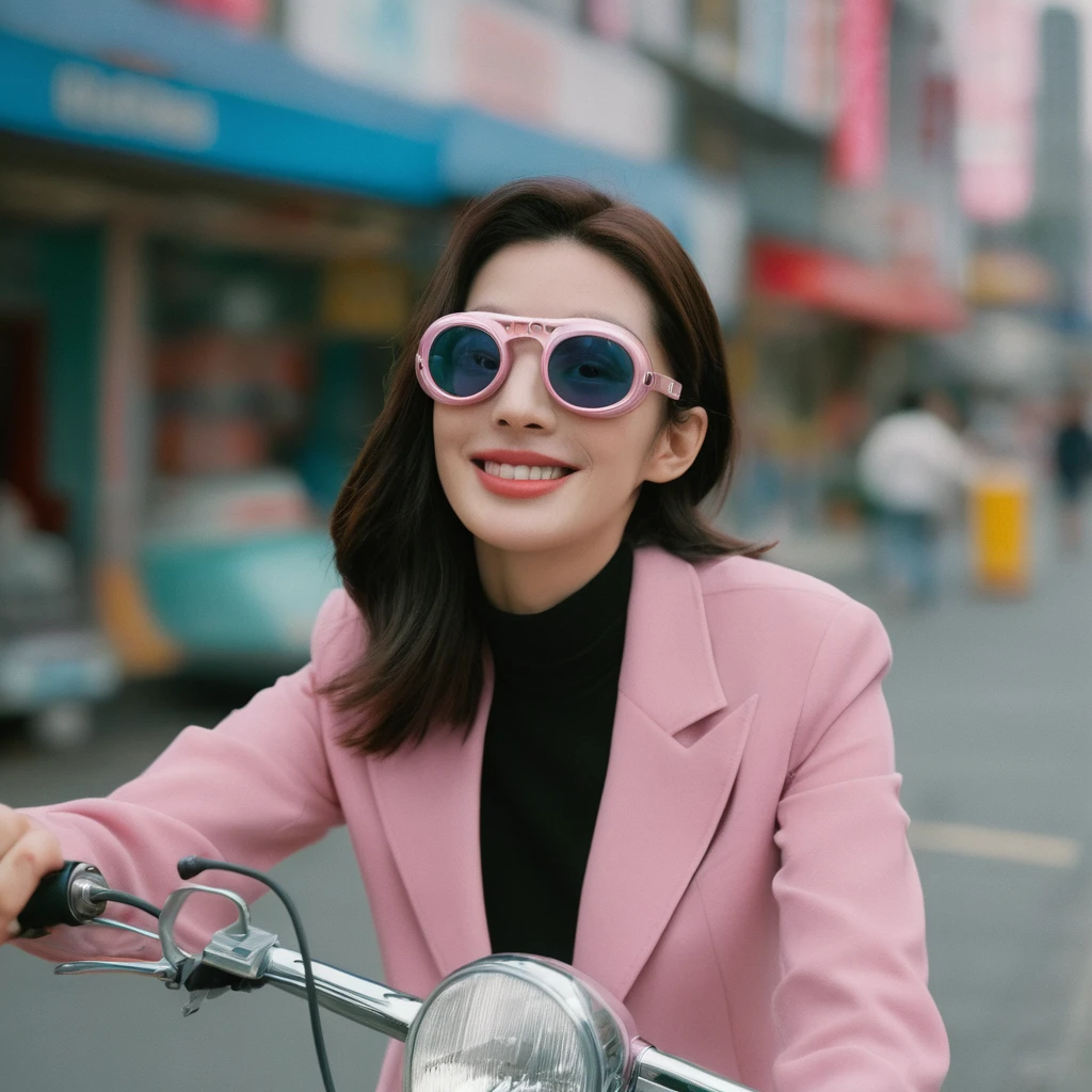 Close up portrait of a gorgeous young beautiful face Korean girls, retro-futuristic, still from the film, ((solo)), (Anne Hathaway look alike face: 0.9), wearing big goggles, driving a futuristic pink dragon scooter motor in a futuristic city, giggling, going fast, shiny futuristic fashion, vivid pastel colors, Leica SL3, Summicron-SL 75 f/2 ASPH, kodak gold 200 film, bare shoulder, dynamic action pose,