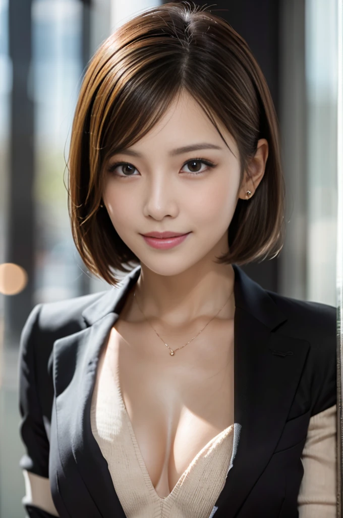 Tabletop, Highest quality, Realistic, Very detailed, finely, High resolution, 8k wallpaper, One beautiful woman,, Light brown short hair, Wearing a business suit, Sharp focus, Perfect dynamic composition, Beautiful and detailed, Thin Hair, Detailed Realistic skin texture, smile, Close-up portrait, Model Body Type,Cleavage