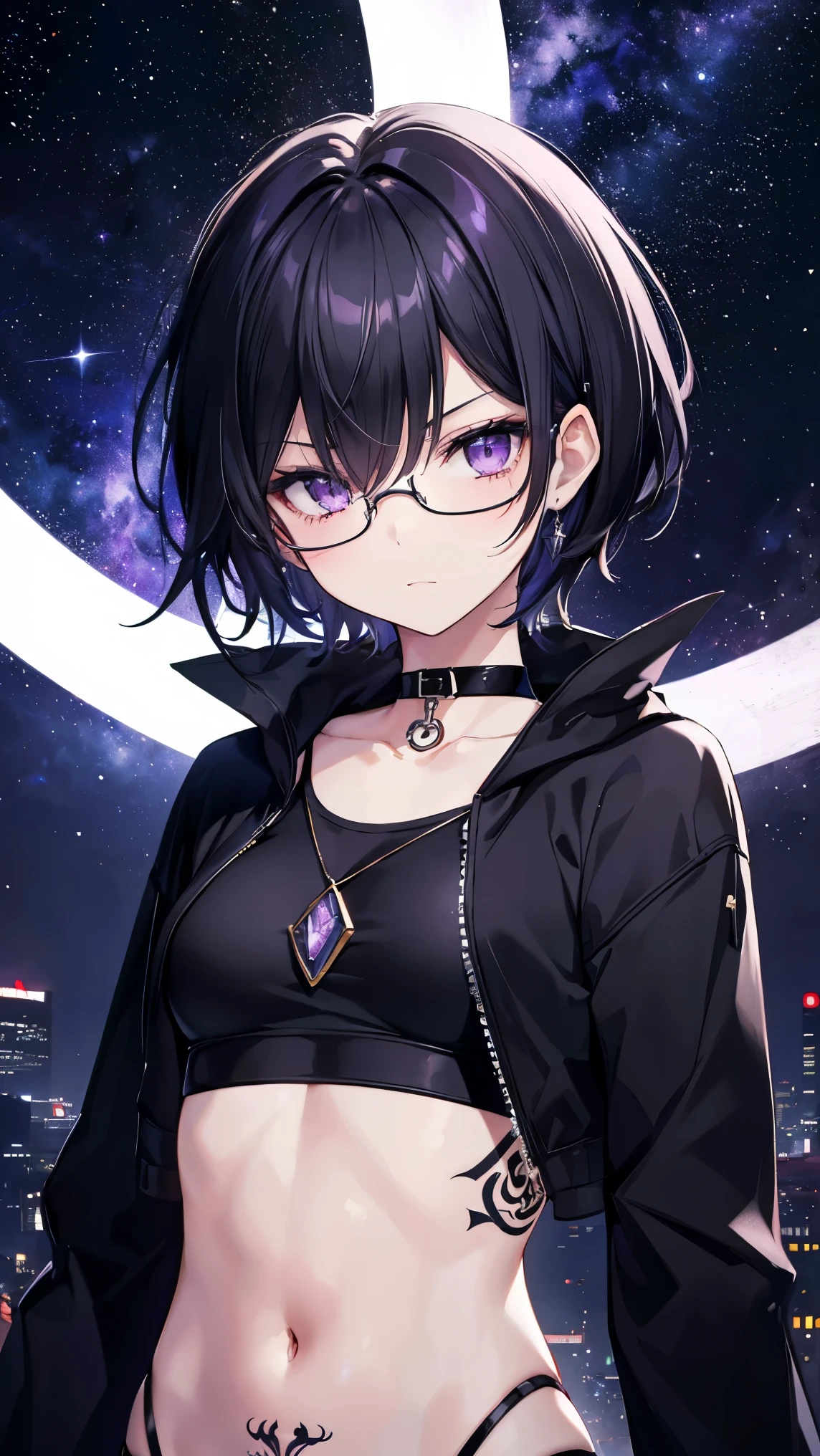 High resolution,high resolution,Girl,Black Hair,Short Hair,Purple Eyes,Slanted Eyes,Bad mood,boyish,slender,Toned body,,,Tattoo,witch,Glasses,low length,Starry Sky,choker,,